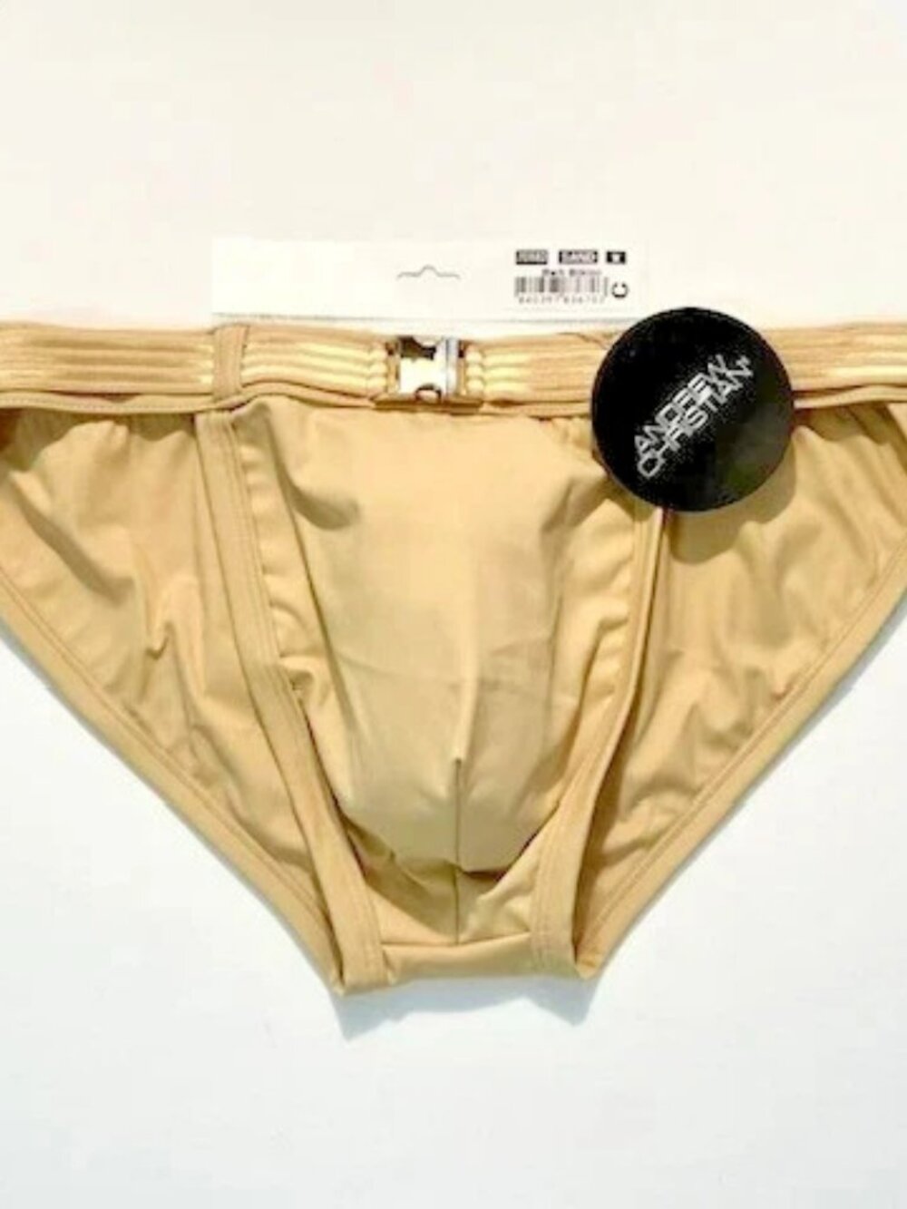 Andrew Christian Size M Solid Swim Bikini w/Striped Belt + Buckle - Sand/Gold
